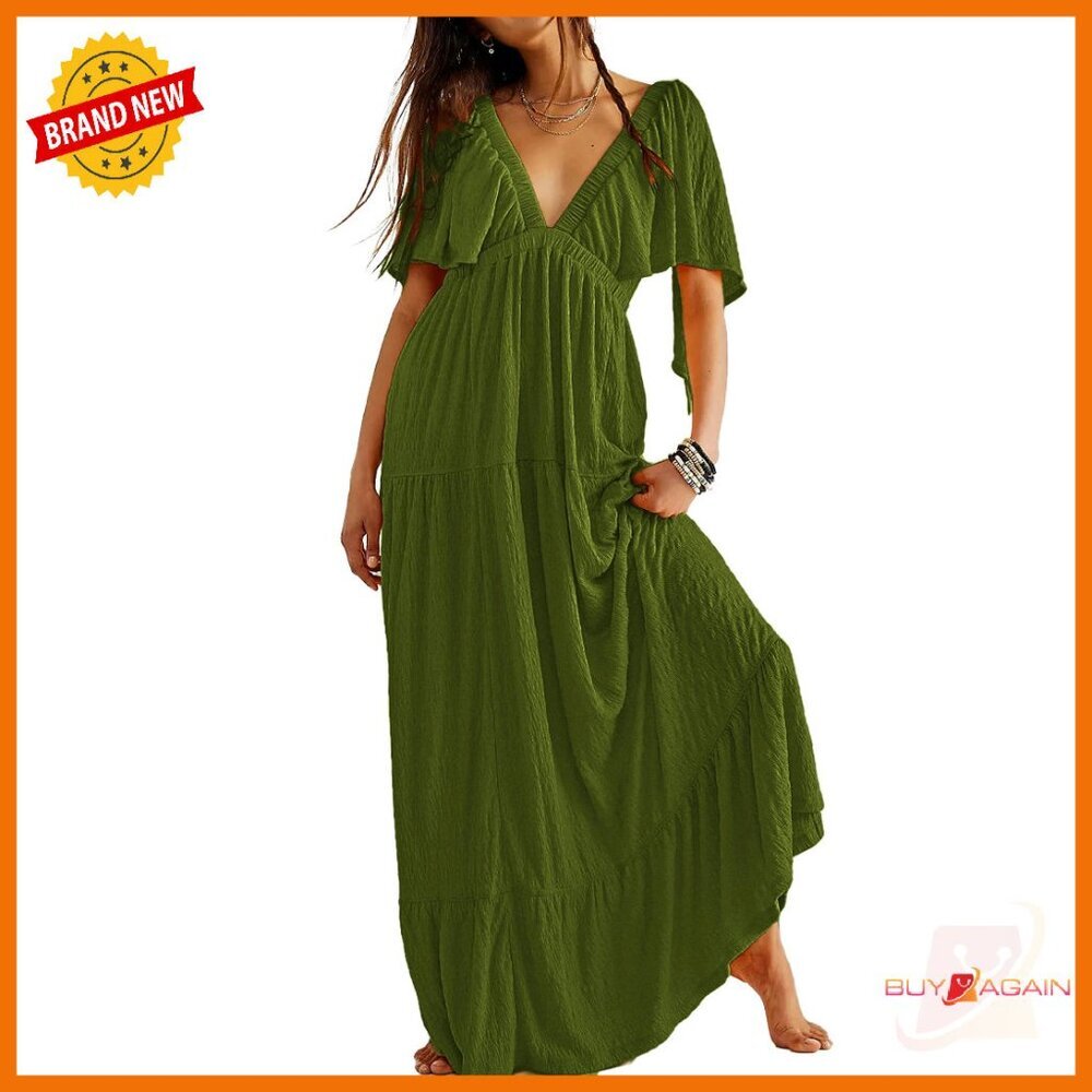 V-Neck Maxi Dress with Flutter Sleeves Backless Elastic Waist Tiered Flowy